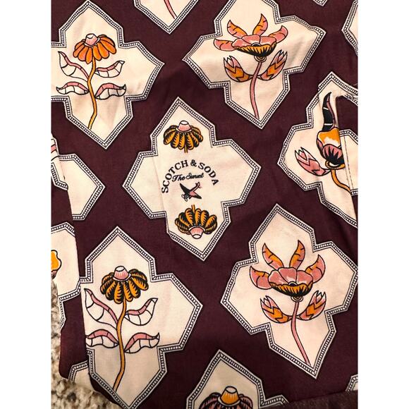 Scotch & Soda Sun Ray Satin Burgundy Floral Print Pleated Straight Leg Pants, S - Picture 13 of 16